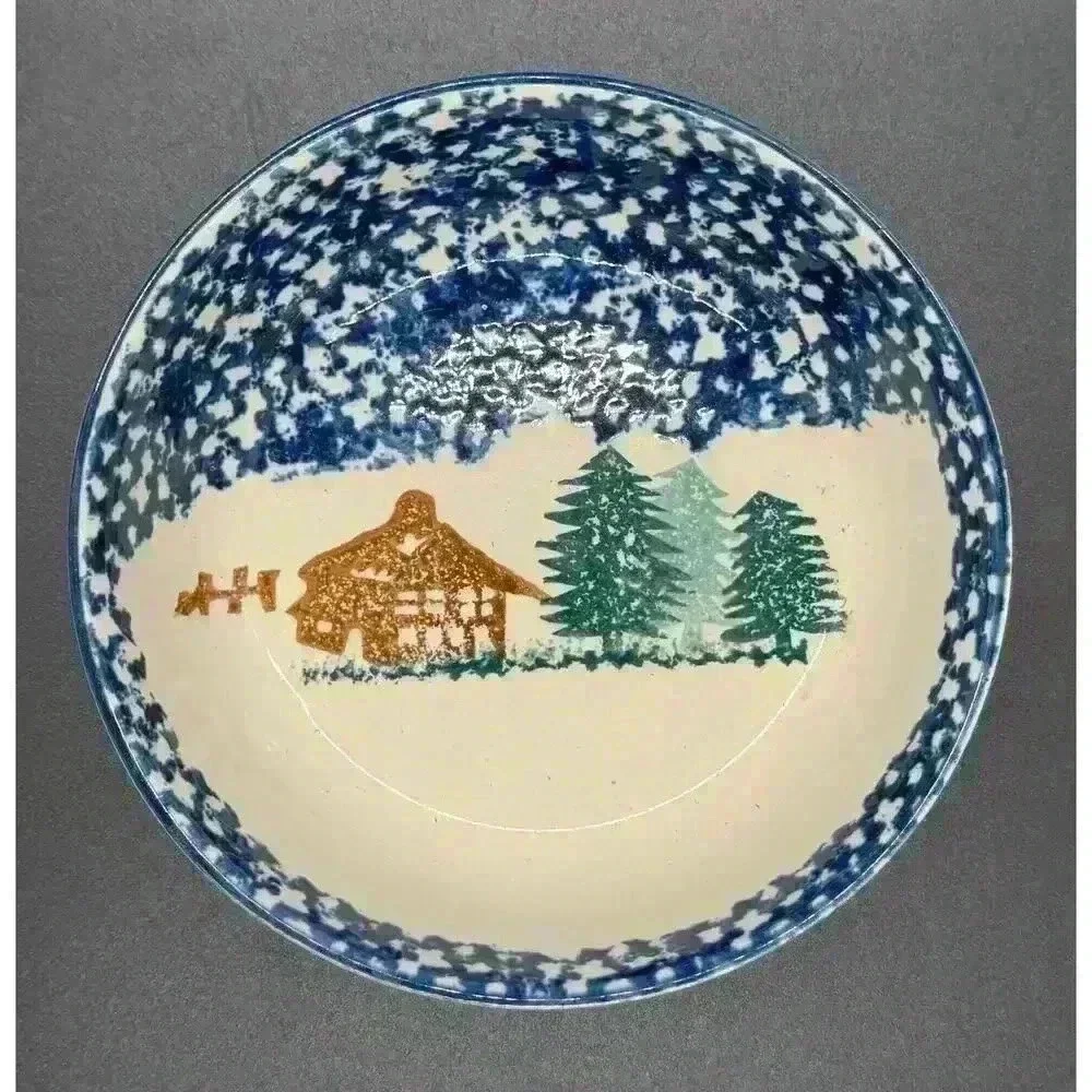 Thompson Pottery Hand Painted Moose Small Plate + Cereal Bowl Sponge Painting